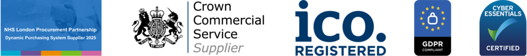 Footer banner showing compliance and certification logos: NHS London Procurement Partnership Dynamic Purchasing System Supplier 2025, Crown Commercial Service Supplier, ICO Registered, GDPR Compliant, and Cyber Essentials Certified